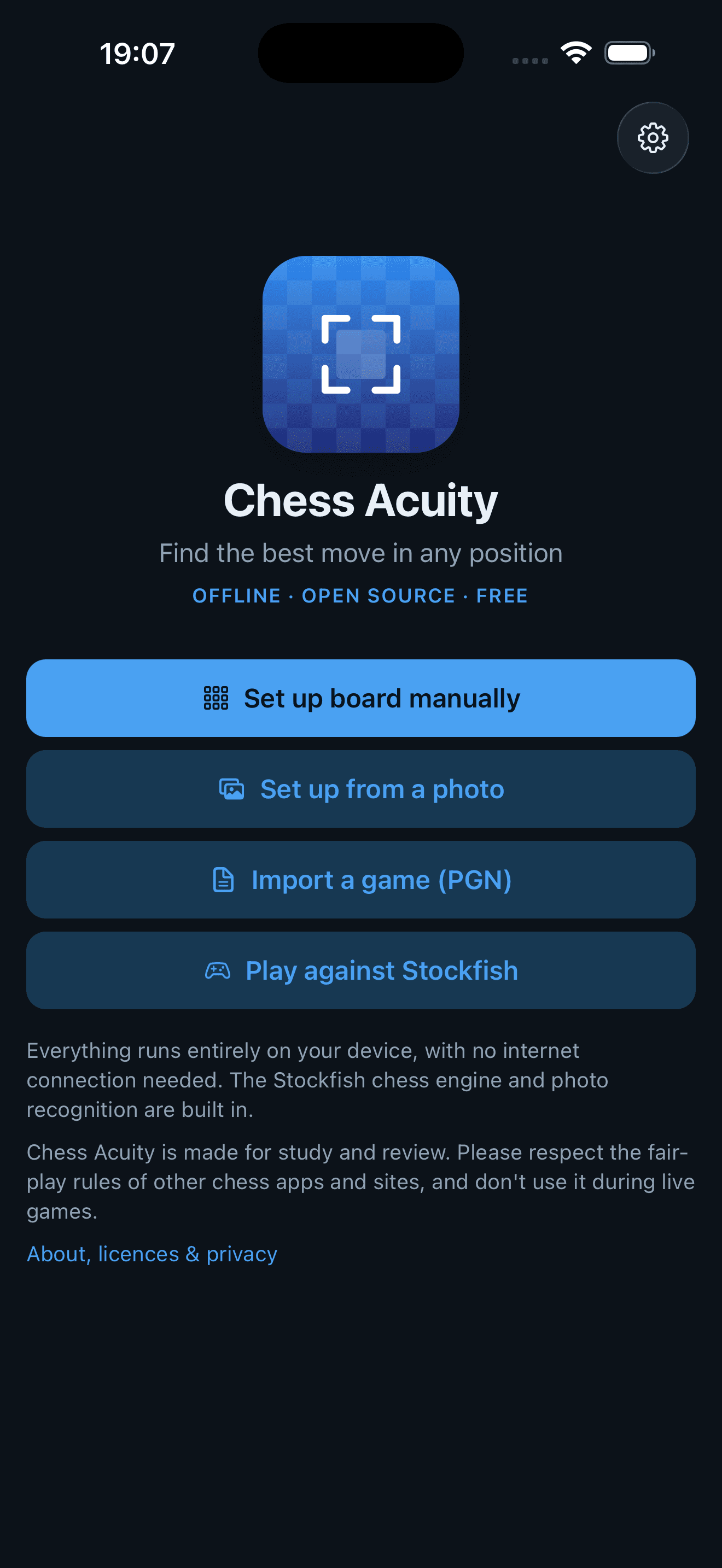 Chess Acuity shown in dark mode on an iPhone.