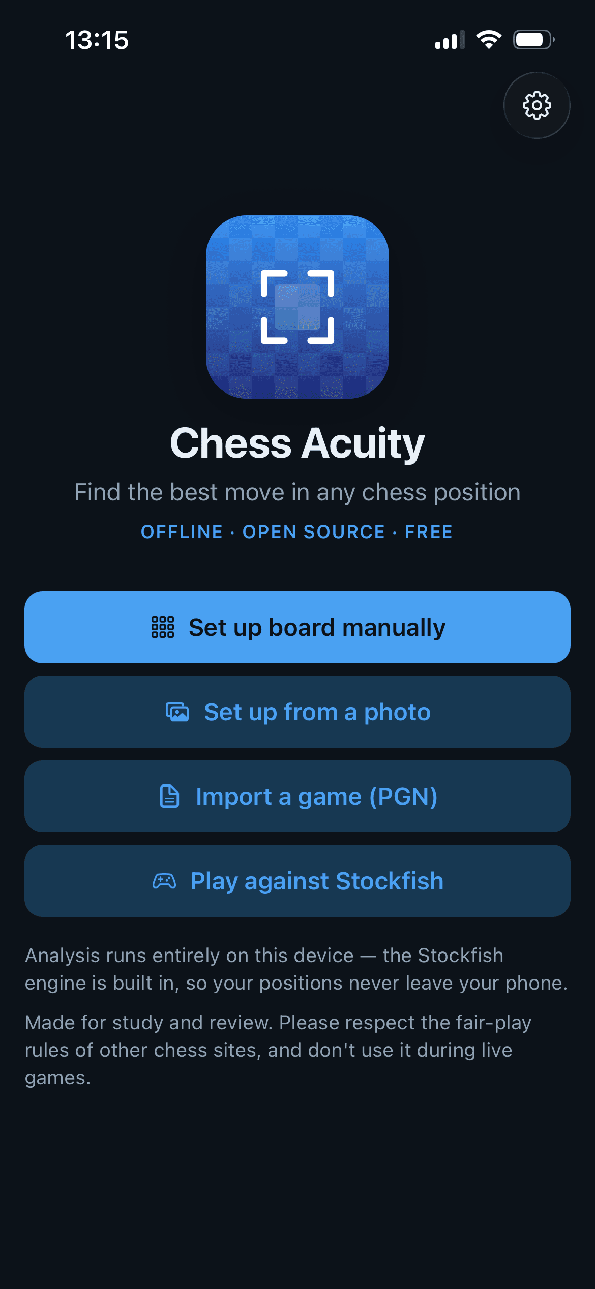 Chess Acuity shown in dark mode on an iPhone.