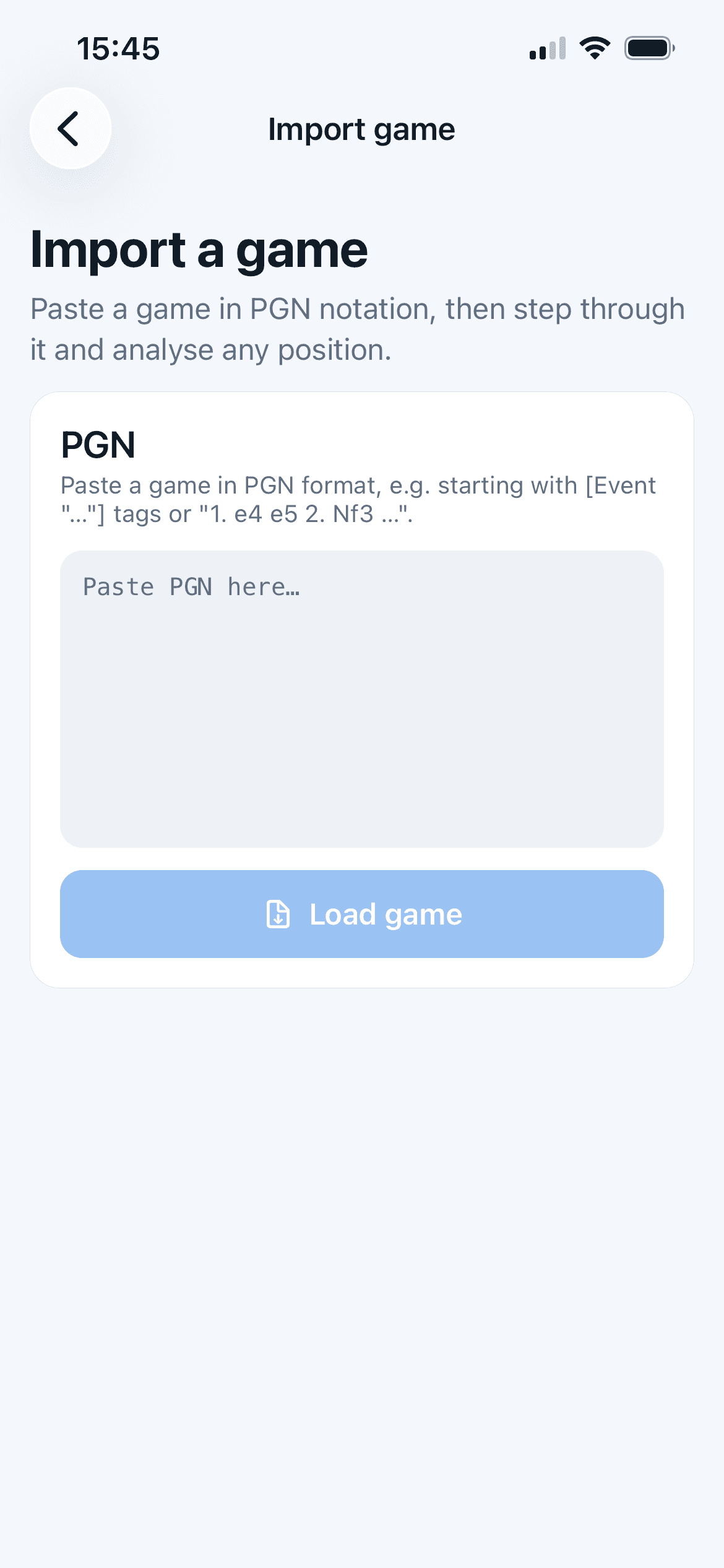 Importing a chess game from PGN text in Chess Acuity.