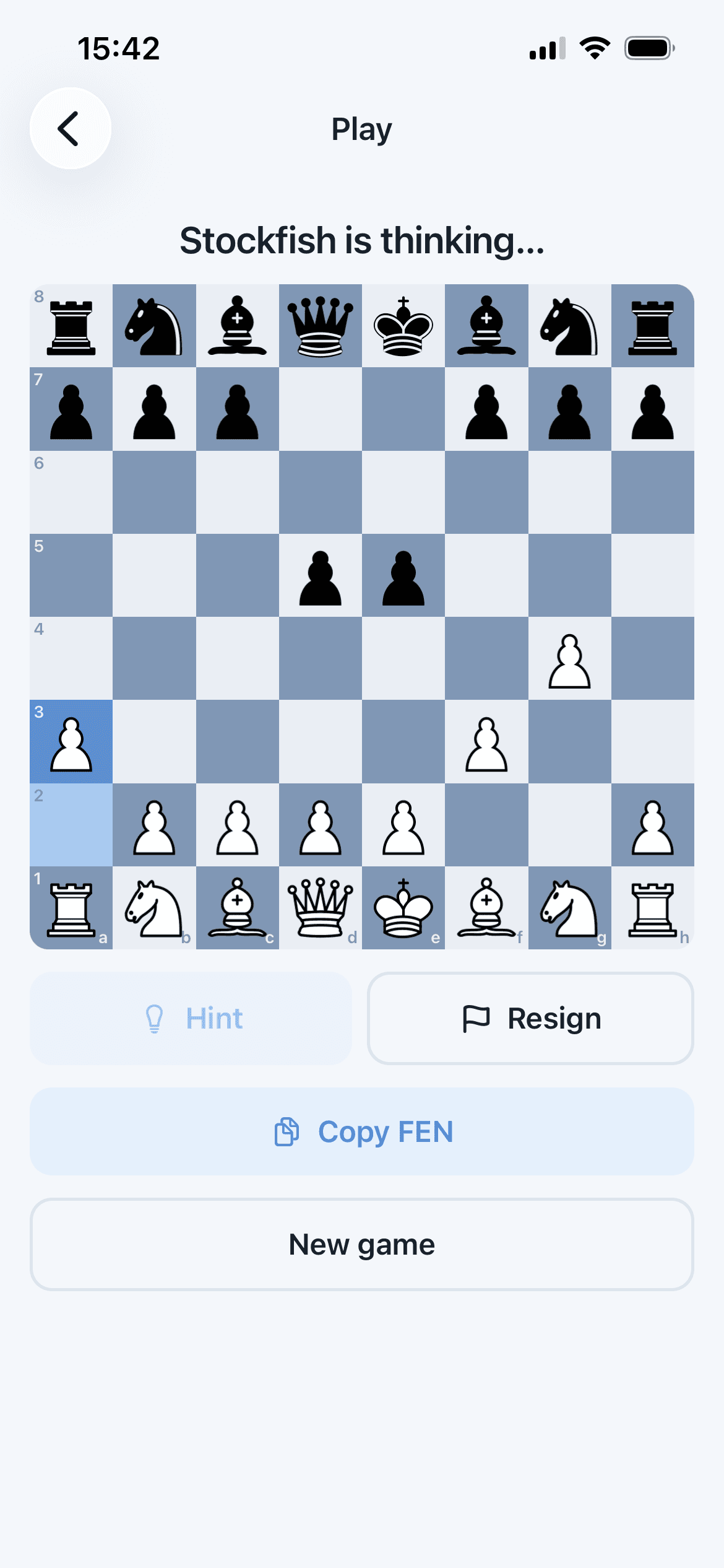 Playing a game against the Stockfish engine in Chess Acuity.